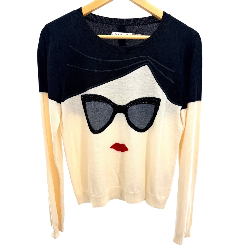 Alice + Olivia L Stace Face Wool Sweater Pop Art Whimsical Kitsch Crystal Retro